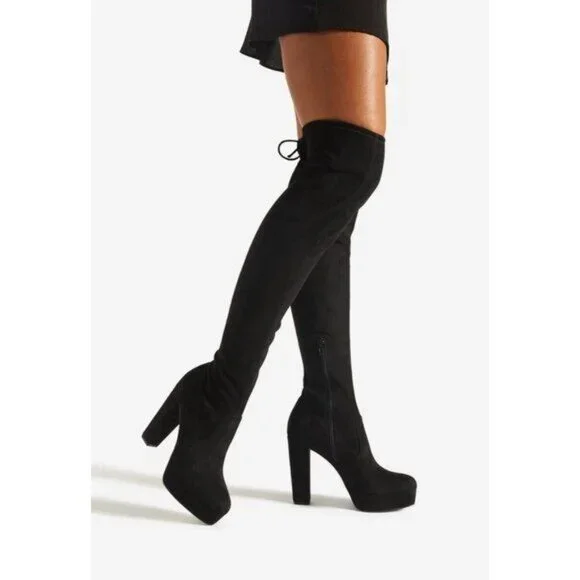 NIB Black Faux Suede Over The Knee Block Heel Baddie Boots - Picture 1 of 6
